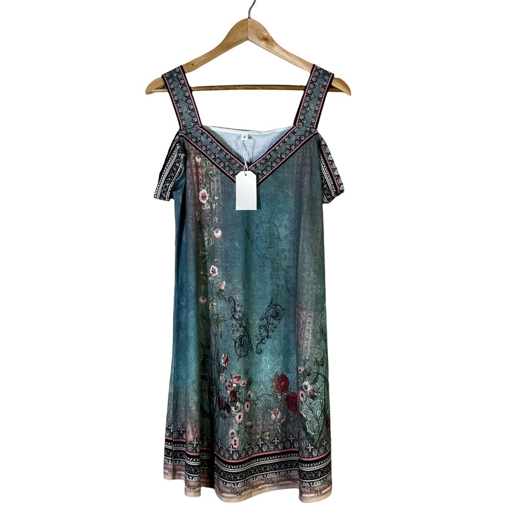 Boho Floral Cold-Shoulder Dress in Teal